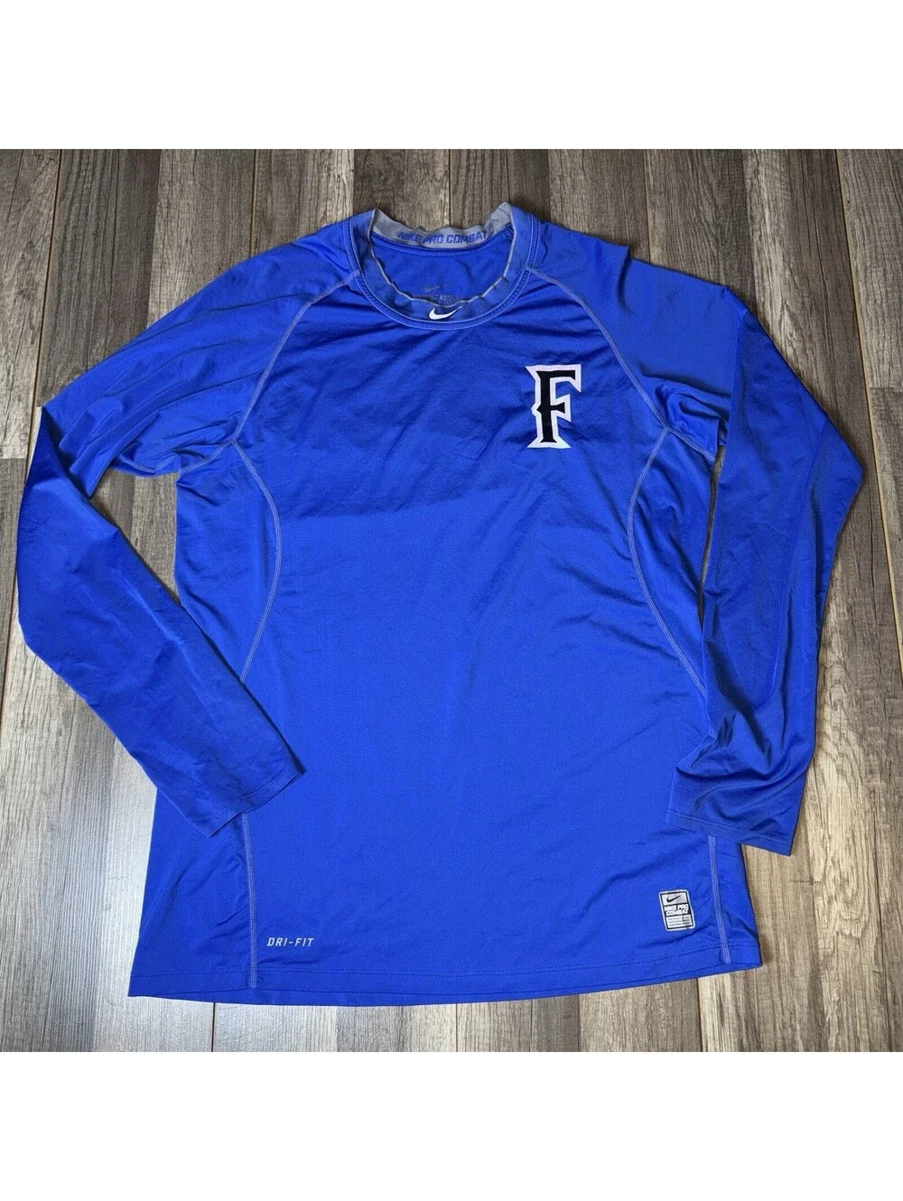 Nike Pro Combat Dri-Fit Compression Shirt Mens Large Blue Long Sleeve “F” Logo